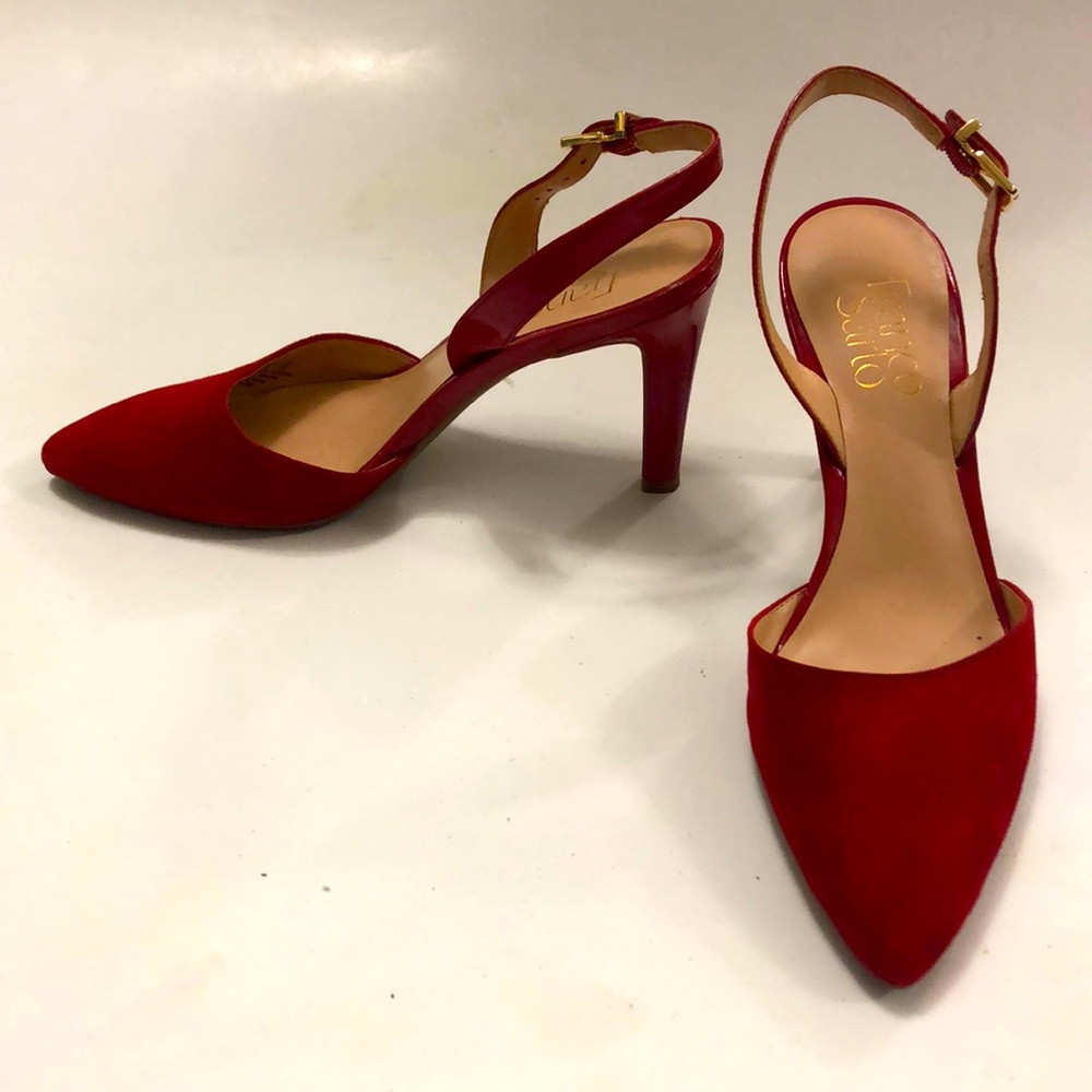 Franco Sarto 6M High Heel Shoe Red Suede Patent heel Adjustable slingback strap